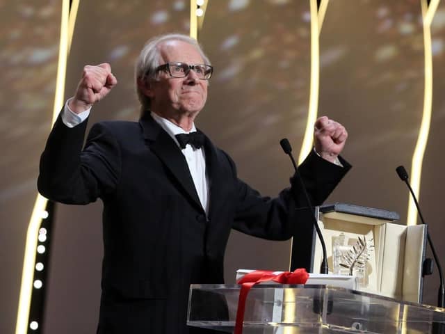 Ken Loach collects the award at the Cannes Film Festival. 