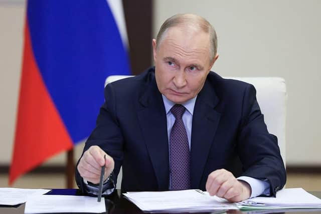 Russia's President Vladimir Putin chairs a meeting on Russia's language policy via a videoconference at the Novo-Ogaryovo state residence, outside Moscow, on June 5, 2025. (Photo by Gavriil Grigorov / POOL / AFP) (Photo by GAVRIIL GRIGOROV/POOL/AFP via Getty Images)