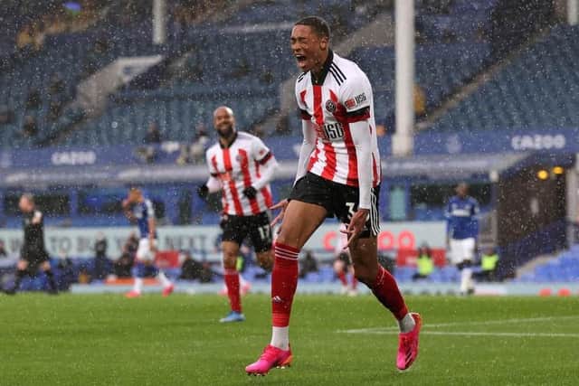 Daniel Jebbison of Sheffield United celebrates after scoring his milestone goal against Everton at Goodison Park. (Photo by Alex Pantling/Getty Images)