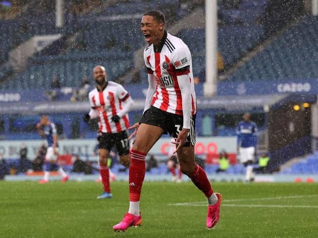 Daniel Jebbison of Sheffield United celebrates after scoring his milestone goal against Everton at Goodison Park. (Photo by Alex Pantling/Getty Images)