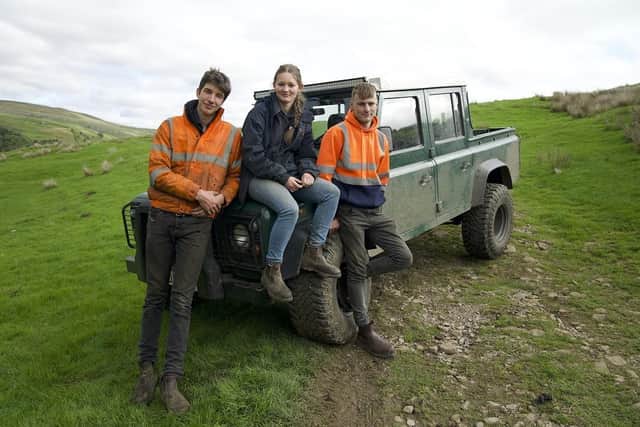Reuben, Sarah, Tommy on land rover in field. (Pic credit: Channel 5)