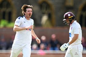George Hill celebrates the wicket of Tom Lammonby on the final day at Taunton. Photo by Harry Trump/Getty Images