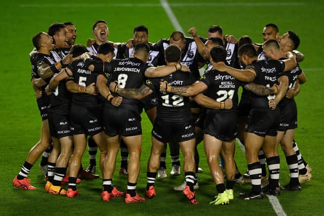 New Zealand preform the haka ahead of the game against Lebanon. (Photo by Gareth Copley/Getty Images)