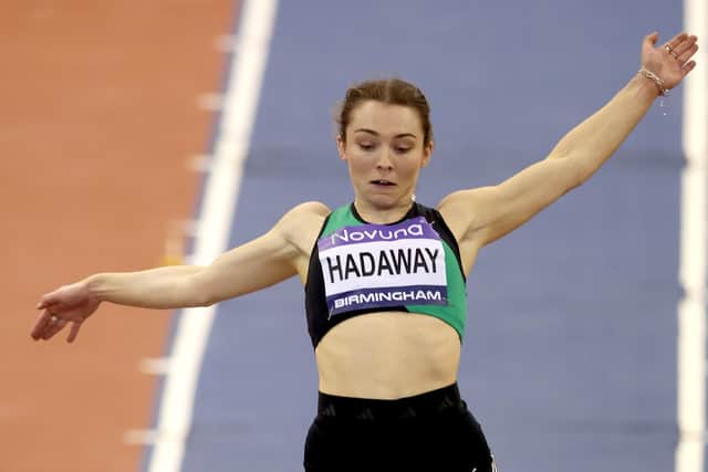 Flying through the air: Lucy Hadaway of City of York Athletics Club on her way to winning the UK Athletics Indoor Championships long jump title in Birmingham in February.