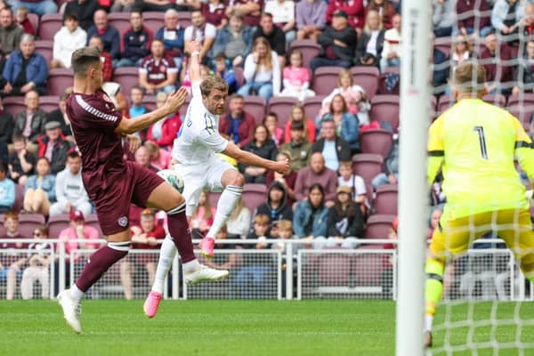 Patrick Bamford shoots at goal for Leeds United against Hearts before going off injured (Picture: LUFC)