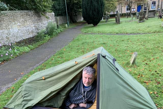 Tim Renshaw, who runs the Archer Project for rough sleepers, slept rough for two weeks as a fundraiser. He is pictured with his tent, used on two nights