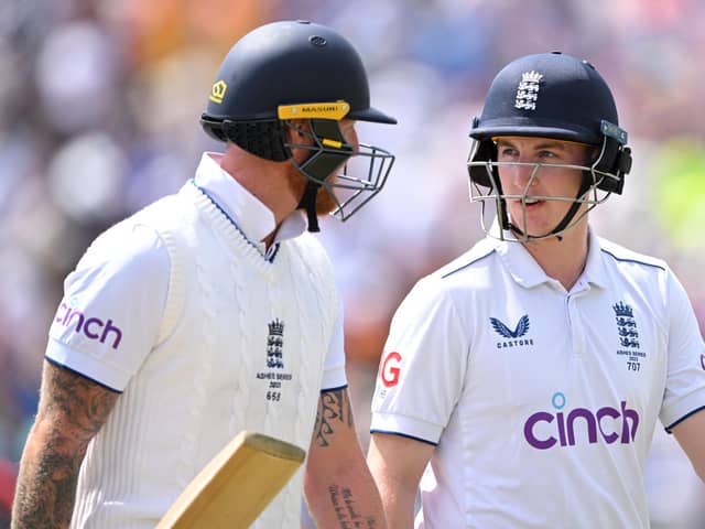 Ben Stokes, left, and Harry Brook pictured during last month's Headingley Ashes Test. Photo by Stu Forster/Getty Images.