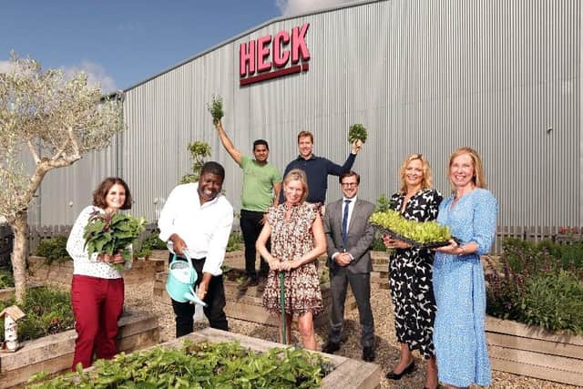 Bottom left: Student Brittainy Olson; Heck finance director Sam Mawa; Heck cofounder Debbie Keeble; Sam Perry, Vickie Marriott and Fiona Runcorn from NatWest. Back row left to right: Student Binod Kamur and Heck's James Ashford.