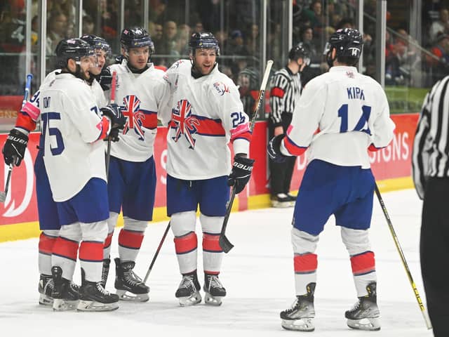 LEEDS-BOUND: GB's players celebrate a goal in their recent win over Romania in the Olympic Pre-Qualifiers in Cardiff last month. They will play in Leeds on April 26 against Poland. Picture: Dean Woolley