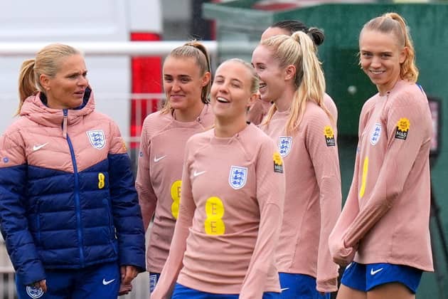 TOUGH TIMES: England manager Sarina Wiegman (left), Georgia Stanway, Beth Mead and Esme Morgan during a training session at St. George's Park Picture: Jacob King/PA