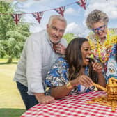 The Great British Bake Off hosts Paul Hollywood, Alison Hammon, Prue Leith and Noel Fielding. Credit: Mark Bourdillon/Love Productions/Channel 4.