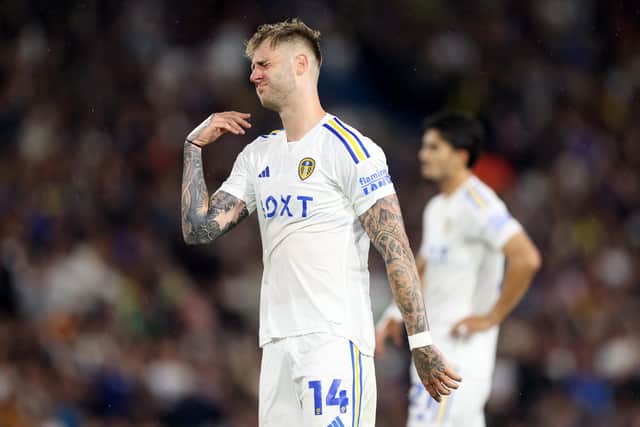 LEEDS, ENGLAND - AUGUST 18: Joe Rodon of Leeds United reacts during the Sky Bet Championship match between Leeds United and West Bromwich Albion at Elland Road on August 18, 2023 in Leeds, England. (Photo by George Wood/Getty Images)