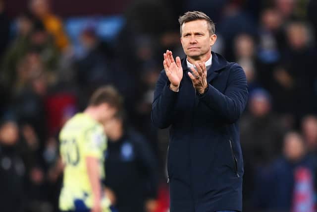BIRMINGHAM, ENGLAND - JANUARY 13: Jesse Marsch, Manager of Leeds United applauds the fans after the Premier League match between Aston Villa and Leeds United at Villa Park on January 13, 2023 in Birmingham, England. (Photo by Gareth Copley/Getty Images)