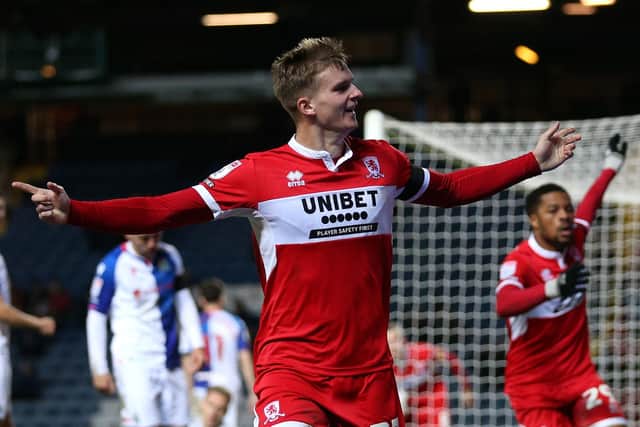 FINE FINISH: Middlesbrough's Marcus Forss celebrates scoring their side's first goal against Blackburn Rovers at Ewood Park Picture: Nigel French/PA