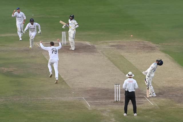 Game, set and match. England celebrate after Tom Hartley takes the final wicket of Mohammed Siraj. Photo by Stu Forster/Getty Images.