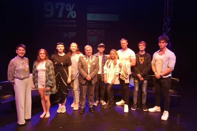 The cast of 97% at the Mechanics Theatre in Wakefield with the Mayor of Wakefield