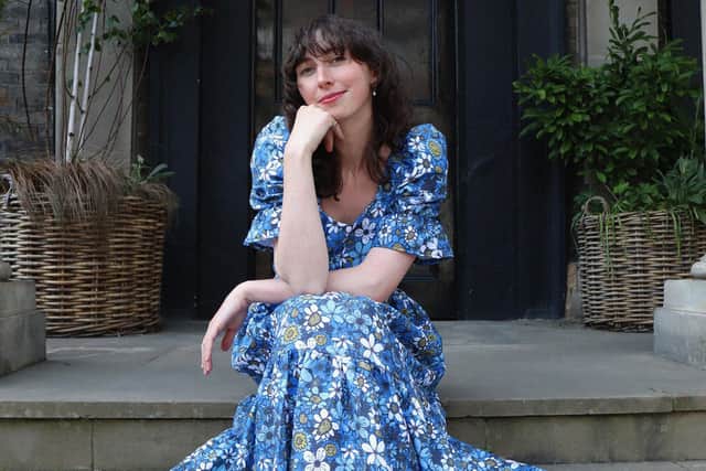 Mary wears Mary Benson Zelda dress in her English Garden blue print, £300 at marybenson.london.