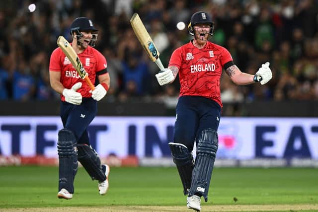 England's Ben Stokes celebrates winning the T20 World Cup Final match in Melbourne. Picture: PA