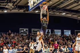 Sheffield Sharks' Jalon Pipkins with one of his eye-catching slam-dunks (Picture: Tony Johnson)