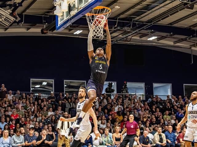 Sheffield Sharks' Jalon Pipkins with one of his eye-catching slam-dunks (Picture: Tony Johnson)