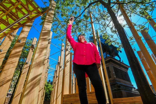 'Making A Stand' is a sculptural 'forest' comprising approximately 127 seven-metre-high timber fins from Douglas Fir Trees opposite Leeds railway station. Pictured is Kully Thiarai is creative director and CEO of Leeds 2023. PIC: James Hardisty