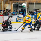 PRESSURE MOMENT: Leeds Knights' Carter Hamill (left) and Oli Endicott pile pressure on the Hull Seahawks net during Sunday night's NIHL National clash at Elland Road Ice Arena. Picture courtesy of Oliver Portamento