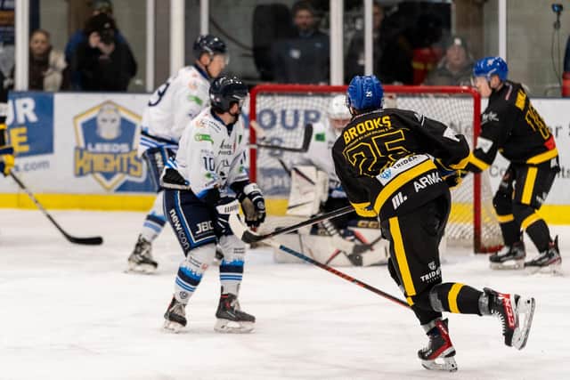 ON THE MARK: Zach Brooks fires in his first goal against Bristol Pitbulls during Leeds Knights' 9-0 victory on Sunday night at Elland Road Picture courtesy of Oliver Portamento