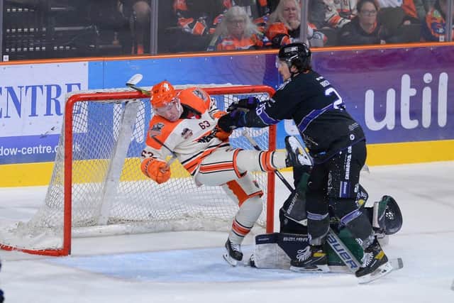 OVER YOU GO: Brendan Connolly makes a nuisance of himself in front of Manchester Storm's net during Saturday's 7-1 win on home ice for Sheffield Steelers. Picture courtesy of Dean Woolley/EIHL Media.