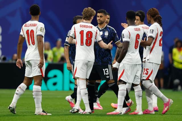 BIG NIGHT: England and Argentina players argue during the World Cup semi-final in Atlanta on Wednesday night. Picture: AP/Erik S. Lesser.