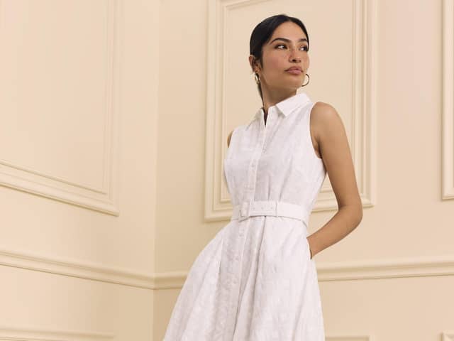 THE WHITE DRESS: White embroidered belted dress, £129, from the Crew Clothing x Henley Regatta collection.