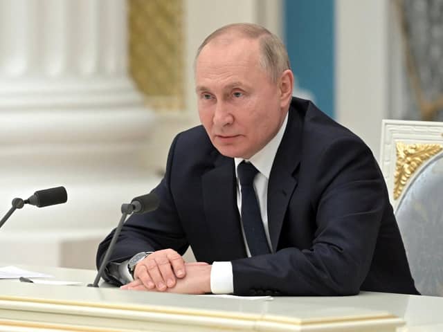Russian President Vladimir Putin chairs a meeting of big businesses at the Kremlin in Moscow on February 24, 2022. PIC: ALEXEY NIKOLSKY/SPUTNIK/AFP via Getty Images