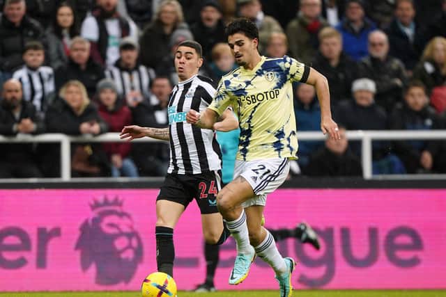 Newcastle United's Miguel Almiron and Leeds United's Pascal Struijk (right) battle for the ball during the Premier League match at St. James' Park, Newcastle upon Tyne.  Picture: Owen Humphreys/PA