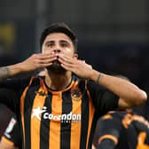 HULL, ENGLAND - AUGUST 25: Ozan Tufan of Hull City celebrates after scoring the team's first goal during the Sky Bet Championship match between Hull City and Bristol City at MKM Stadium on August 25, 2023 in Hull, England. (Photo by George Wood/Getty Images)