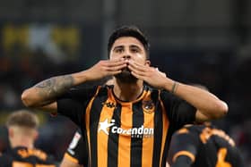 HULL, ENGLAND - AUGUST 25: Ozan Tufan of Hull City celebrates after scoring the team's first goal during the Sky Bet Championship match between Hull City and Bristol City at MKM Stadium on August 25, 2023 in Hull, England. (Photo by George Wood/Getty Images)