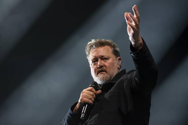 Guy Garvey, lead singer of Elbow, playing at the First Direct Arena, Leeds. This is the band’s first arena tour since 2018 and it accompanies the lunch of Elbow’s 10th studio album. Credit: Ernesto Rogata