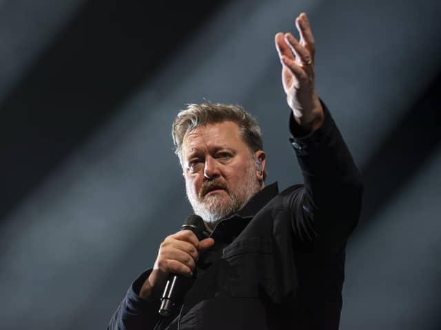 Guy Garvey, lead singer of Elbow, playing at the First Direct Arena, Leeds. This is the band’s first arena tour since 2018 and it accompanies the lunch of Elbow’s 10th studio album. Credit: Ernesto Rogata