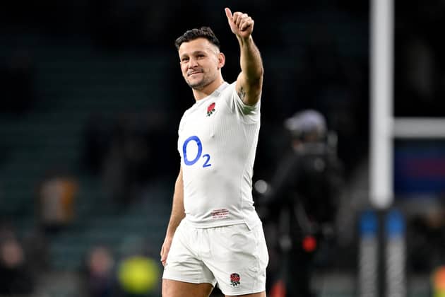 Thumbs up: Danny Care of England acknowledges the fans following his 100th cap appearance and the team's victory during the Guinness Six Nations 2024 match between England and Ireland at Twickenham (Picture: Mike Hewitt/Getty Images)