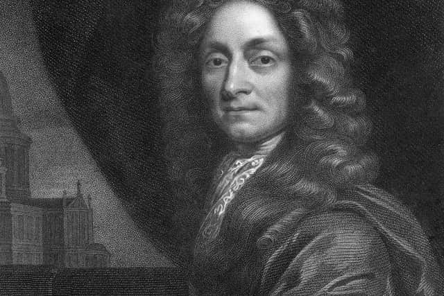 Circa 1670, English scientist and architect Sir Christopher Wren (1632 - 1723), a founding member of the Royal Society. Original Artwork: Engraving after the painting by Sir Godfrey Kneller. (Photo by Hulton Archive/Getty Images)