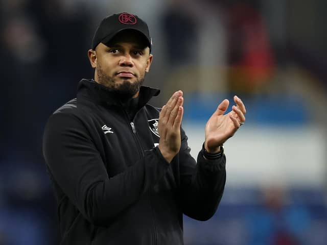 BURNLEY, ENGLAND - FEBRUARY 14: Vincent Kompany, Manager of Burnley, applauds the fans following the Sky Bet Championship match between Burnley and Watford at Turf Moor on February 14, 2023 in Burnley, England. (Photo by Clive Brunskill/Getty Images)