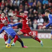 Sam Greenwood, pictured in action for Middlesbrough against Leicester last month. The loanee - ineligible against parent club Leeds today - did the Whites a big favour by grabbing a late winner. Daniel Farke is hoping for more assistance in the weeks and months ahead. Picture: Will Matthews/PA Wire