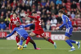 Sam Greenwood, pictured in action for Middlesbrough against Leicester last month. The loanee - ineligible against parent club Leeds today - did the Whites a big favour by grabbing a late winner. Daniel Farke is hoping for more assistance in the weeks and months ahead. Picture: Will Matthews/PA Wire