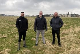 Lef to right: Rohan Corriette, solar project manager at G&H Group; John Sharp, James Bushell, Bradford City Council energy team, at the proposed Odsal solar farm site.