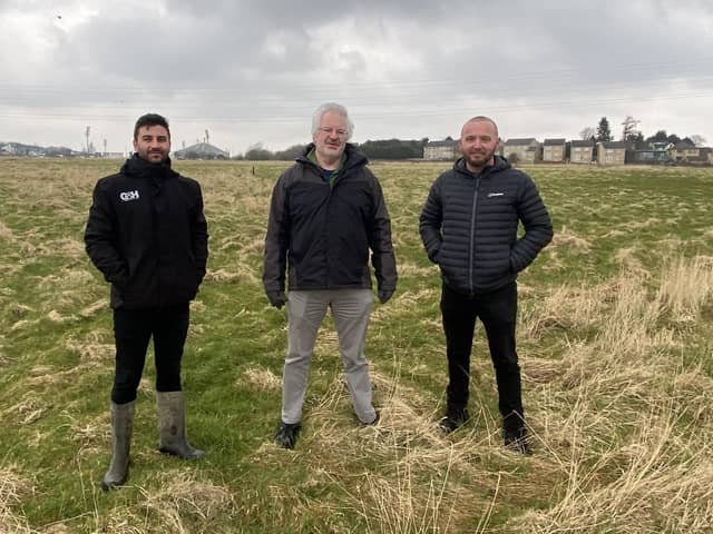 Lef to right: Rohan Corriette, solar project manager at G&H Group; John Sharp, James Bushell, Bradford City Council energy team, at the proposed Odsal solar farm site.