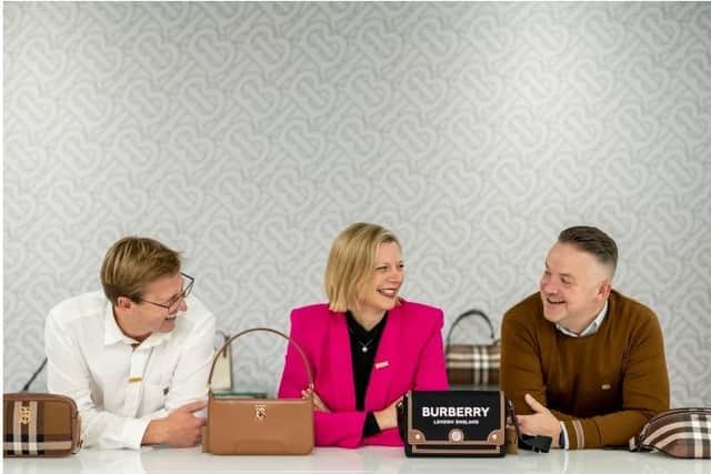 Left to Right: Rob Blomfield, Burberry; Abigail Scott Paul, LEEDS 2023 and Nick Lee, Burberry at the Burberry office in Leeds. Image by Jemma Mickleburgh.