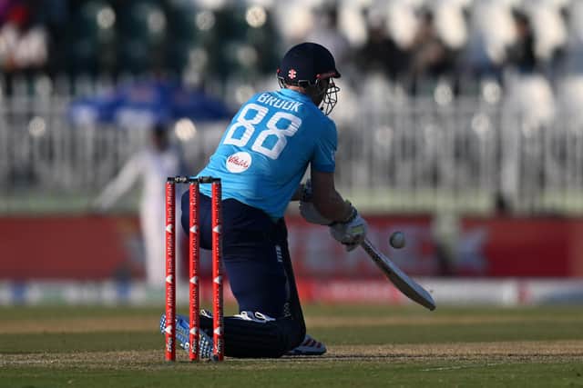 Brook plays a scoop shot during his remarkable innings. Photo by Sameer Ali/Getty Images