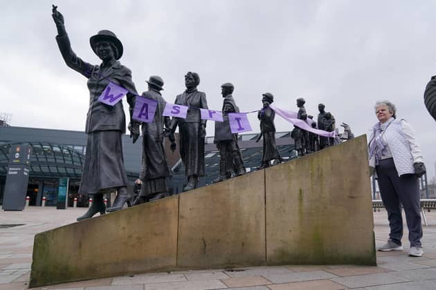 Library image of campaigners for Women Against State Pension Inequality Campaign (Waspis) gathering at the statue of political activist Mary Barbour, the woman who led rent strikes during the First World War, in Govan, Glasgow, to mark International Women's Day. (Photo by Andrew Milligan/PA Wire)