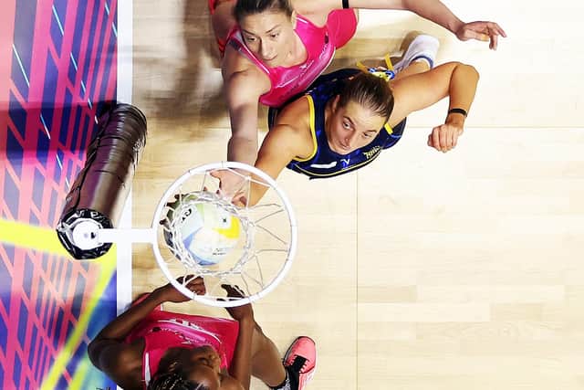 Ellie Bird of Leeds Rhinos scores a hoop. She has a completing percentage of 90% (Picture: Naomi Baker/Getty Images for England Netball)