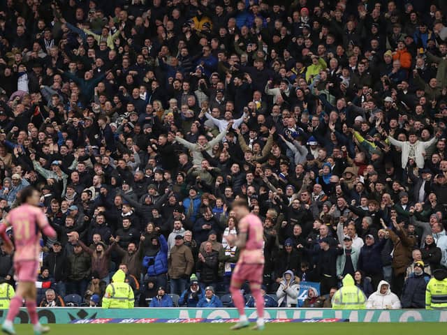 Leeds United fans celebrates their side's first goal of the game, scored by Daniel James (not pictured) during the Sky Bet Championship match at Ewood Park, Blackburn. Picture: Tim Markland/PA Wire.