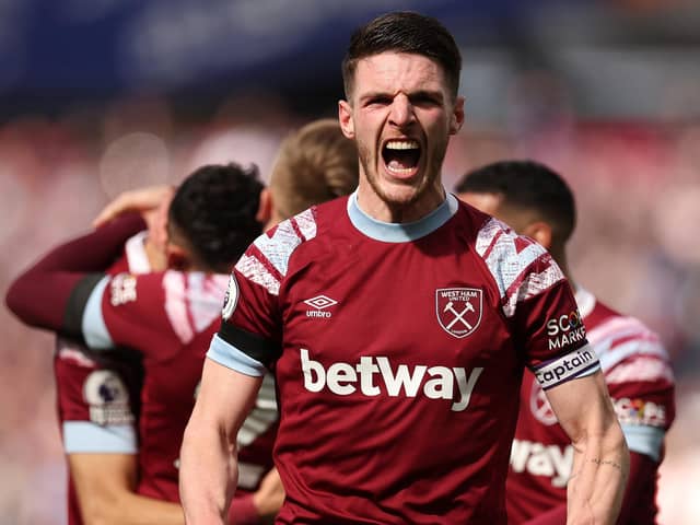 Declan Rice of West Ham United celebrates their win over Southampton. They are tipped to finish 13th with 40 points (Picture: Julian Finney/Getty Images)