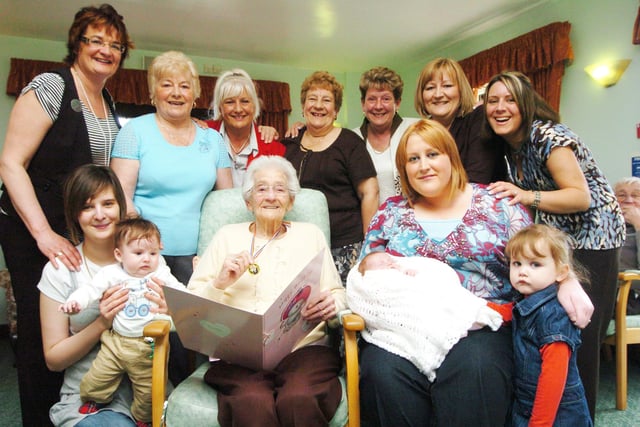 Nellie Chadbourne celebrated her 100th birthday in 2008,  pictured with five generations of her family. With her are L-R great-grandaughter Sarah Young, great-great-grandson Charlie Bragg, four months, grandaughter Elaine Yates, daughters Mary Mumberson, Linda Ledger, Pat Beldon, all of Doncaster, daughter Lynne Armstrong, of Canada, grandaughter Sharon Robins, of Doncaster, grandaughter Lindsay Armstrong, of Canada, great-grandaughter Hayley Robins, of Doncaster, with great-great-grandaughters Maddie street, four weeks, and Lucy Street, two.